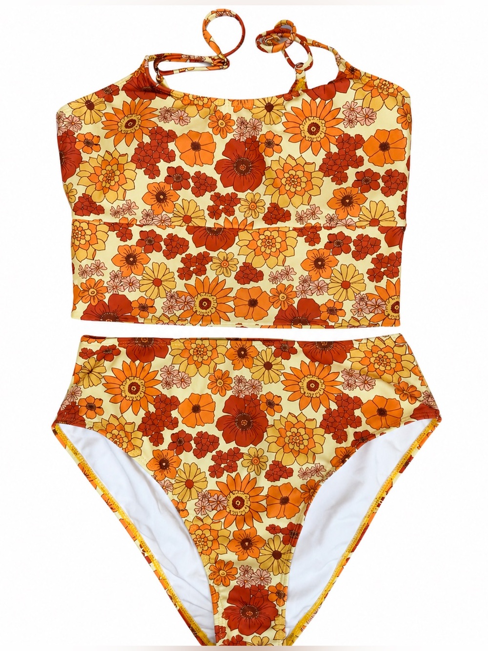 Geode Retro Floral High Waisted Bikini Set Orange Yellow 70s Flower Print Medium